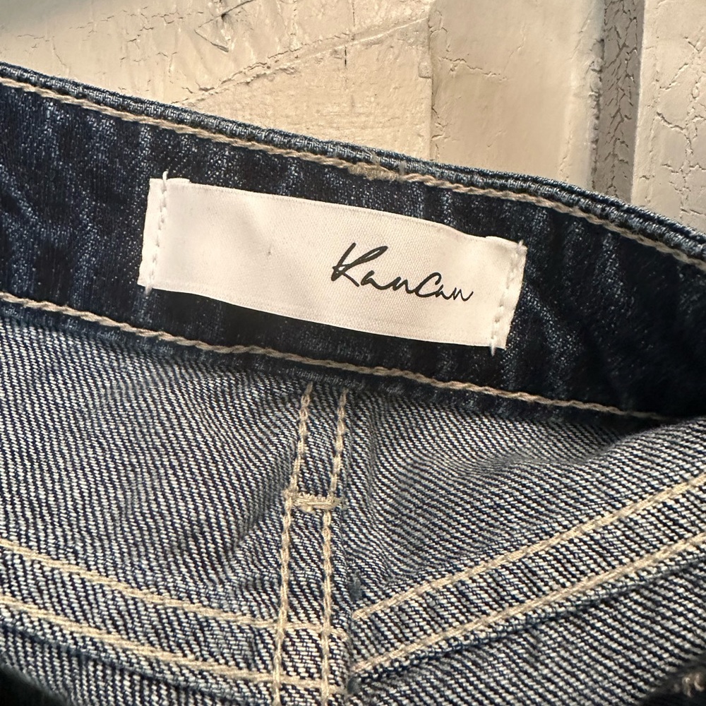 Kancan Jeans Mid Rise Distressed Dark Wash Frayed Hem.